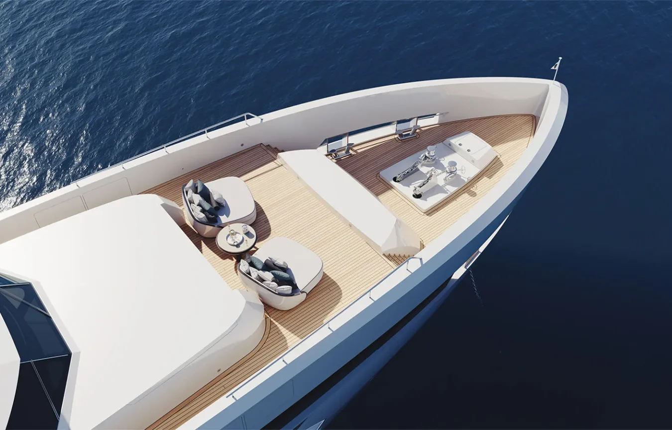 Sophia 50M superyacht bow lounge with twin armchairs and sunpad overlooking the ocean