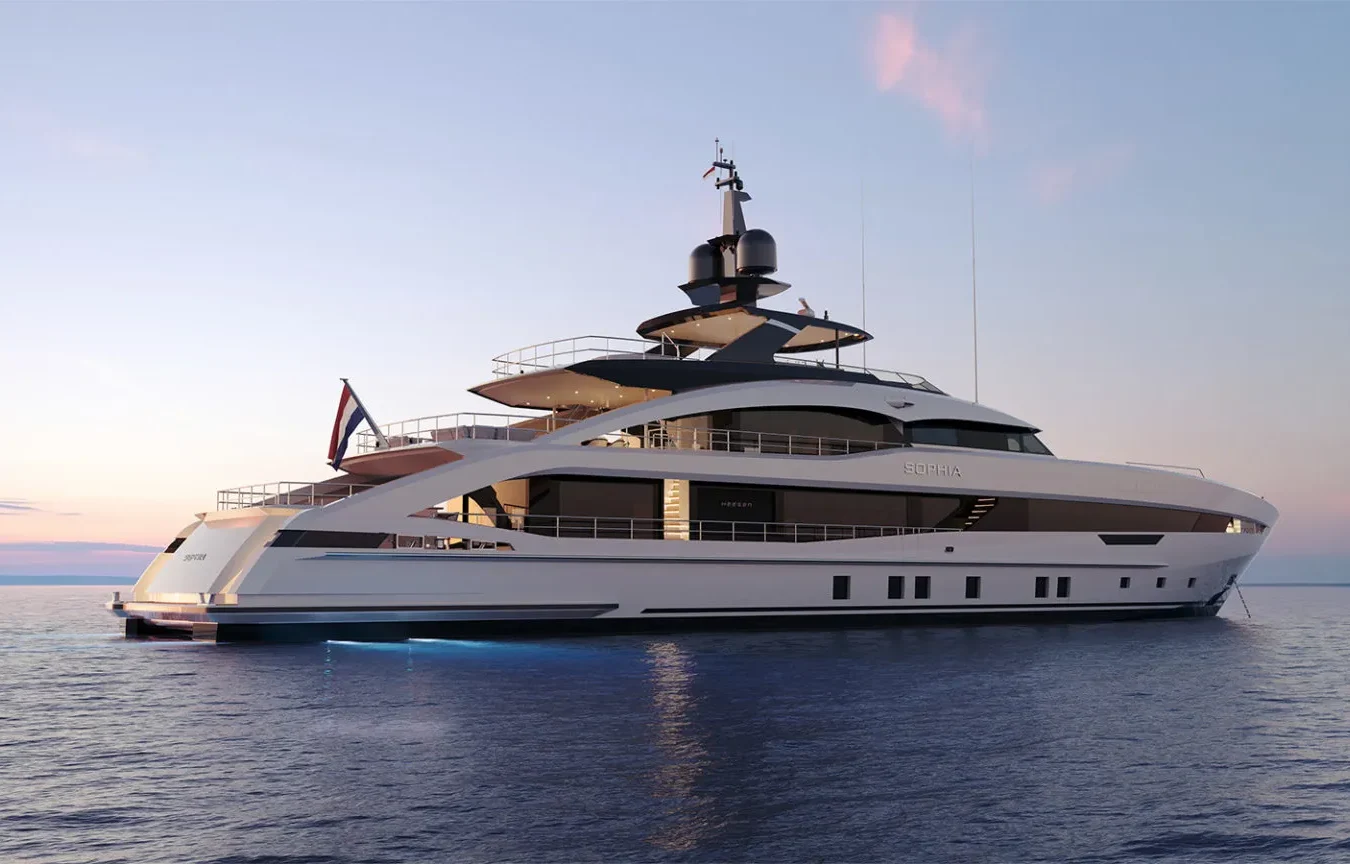 Sophia 50M Superyacht Exterior Profile at Sunset