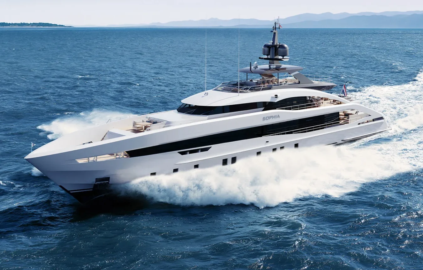 Sophia 50M superyacht carving through the ocean at high speed