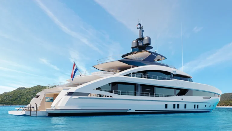 Sophia 50M superyacht starboard profile anchored in clear blue water with modern exterior lines