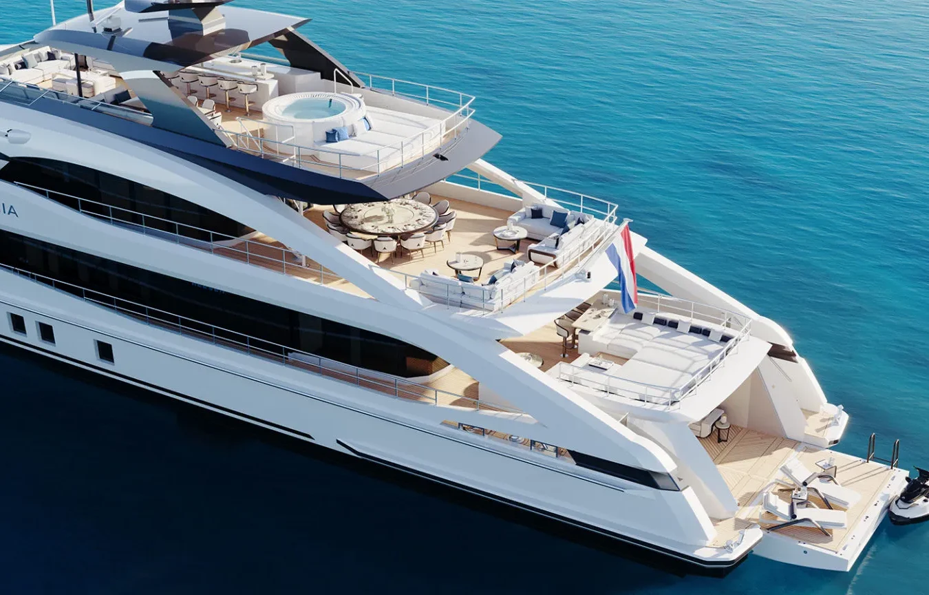 Sophia 50M superyacht aft decks with multi-level lounges, sunbeds, and beach club above clear blue water