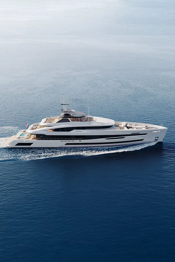 Heesen Evita 57M superyacht cruising on open blue water, side profile