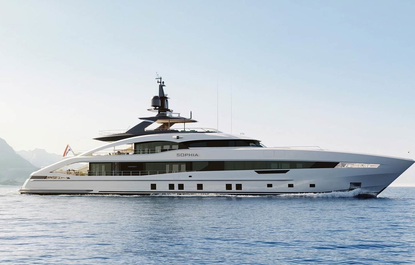 Sophia 50M superyacht cruising at sunset with full side profile view