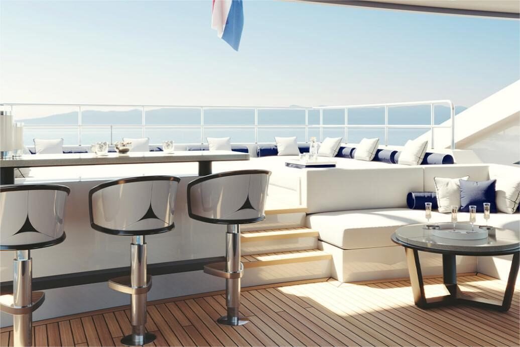 Sophia 50M upper deck bar with outdoor lounge seating and sea views