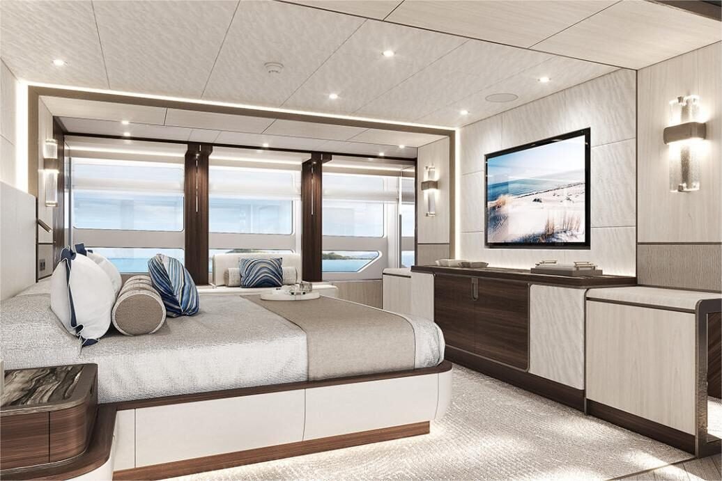 Sophia 50M master suite featuring panoramic windows, modern decor, and a large king bed