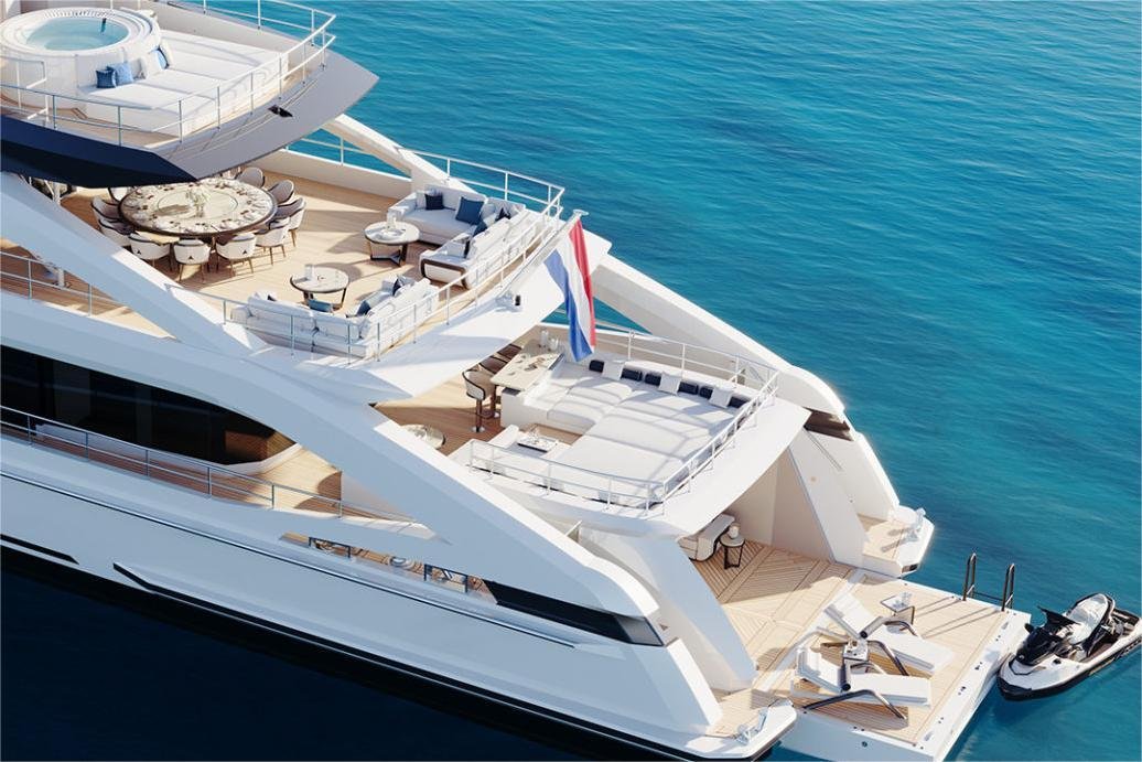 Aft deck of the Sophia 50M superyacht featuring lounge beds, dining space, and tender platform