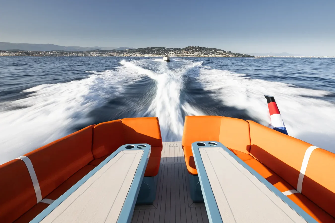 LEKKER 45 yacht aft seating view with wake while cruising at speed