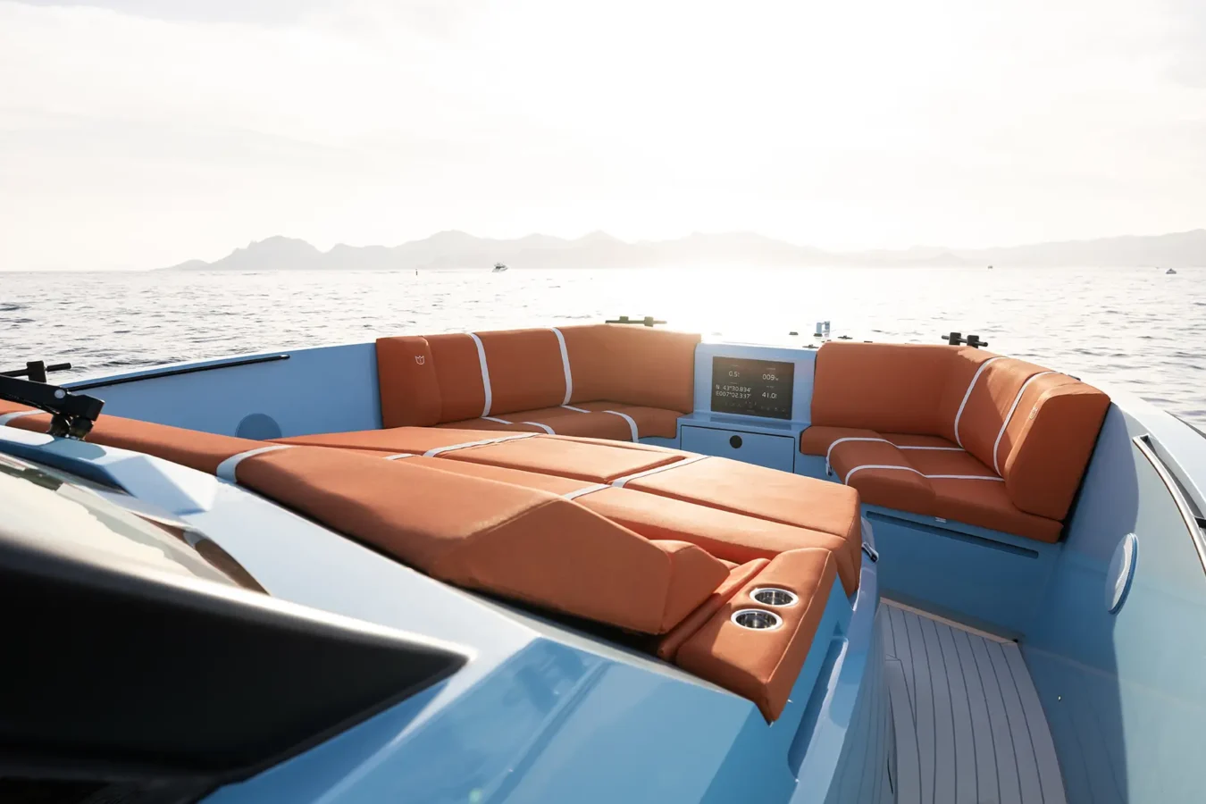 LEKKER 45 yacht bow seating and sunpad with panoramic sea views