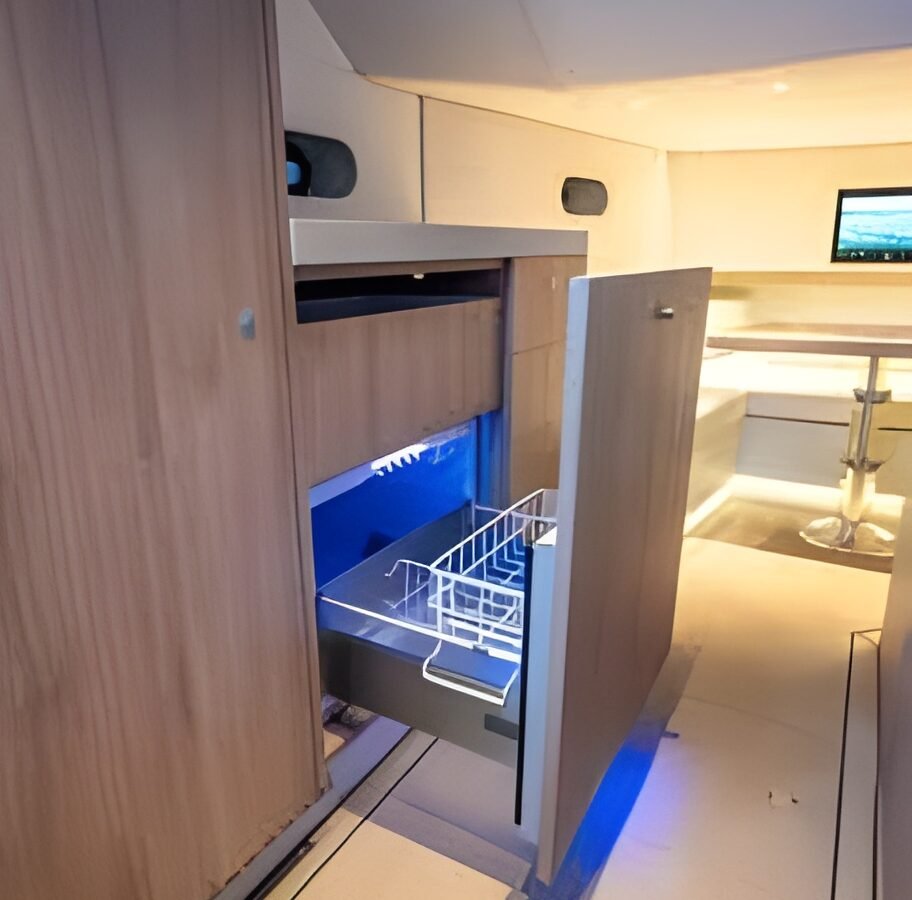 Lekker 45 yacht interior galley with pull-out refrigerator