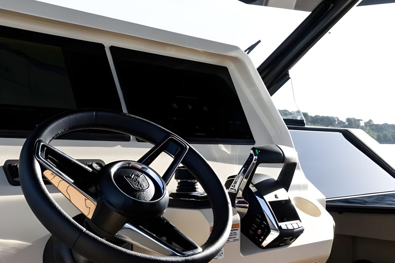 LEKKER 38 yacht helm station showing steering wheel, navigation screens, and protected aluminium console design