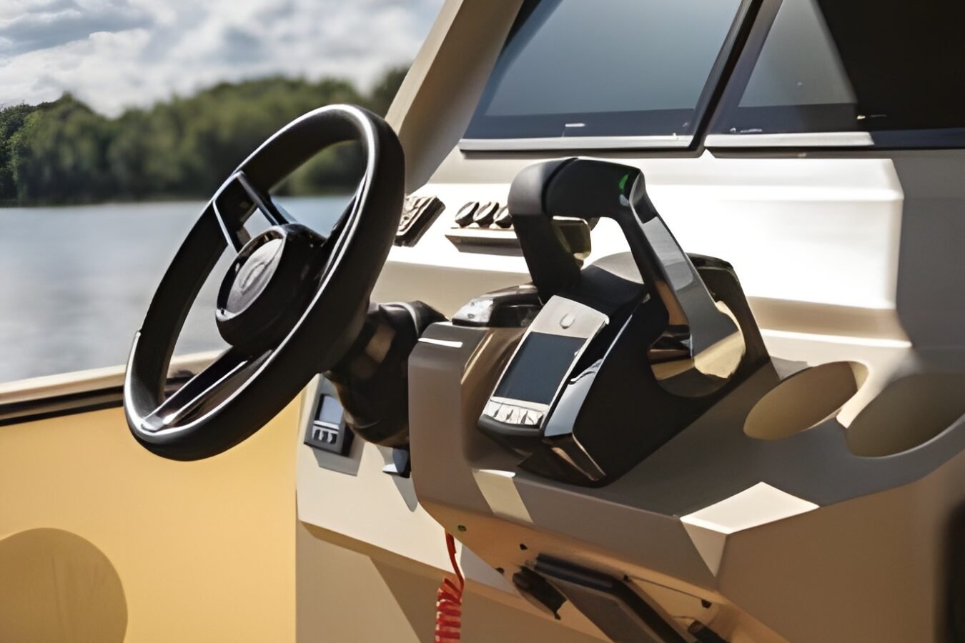 LEKKER 38 yacht helm station with steering wheel, throttle controls, and integrated navigation screens