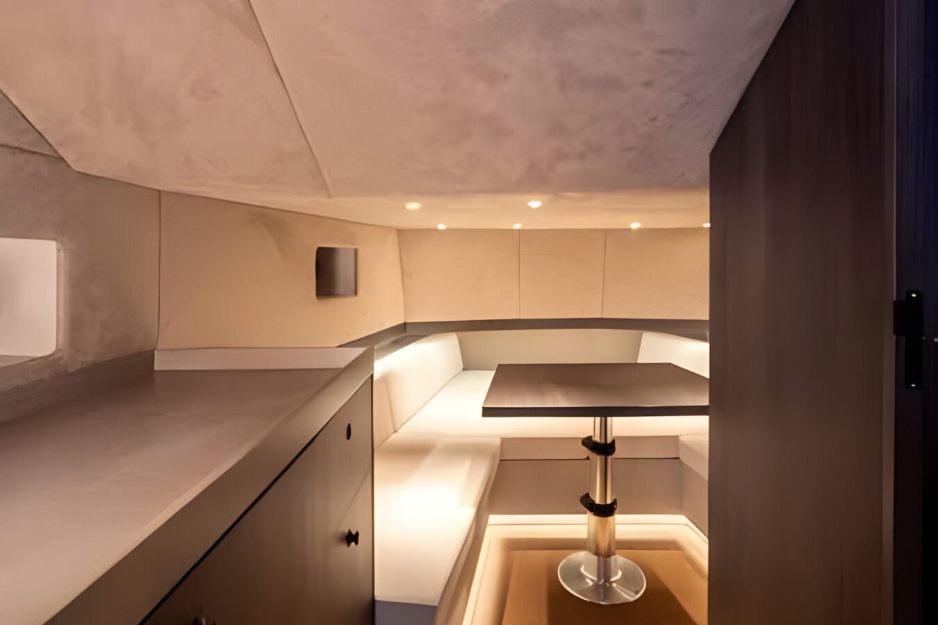 Lekker 45 yacht interior dining area with seating and table