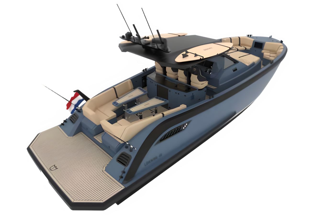 Lekker 45 yacht angled top view with open deck layout