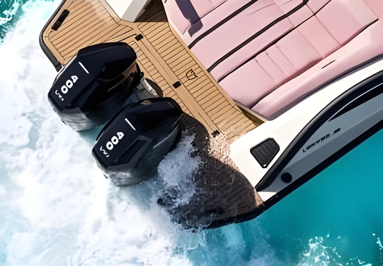 LEKKER 38 yacht stern with twin outboard engines, teak swim platform, and aft sunpad underway