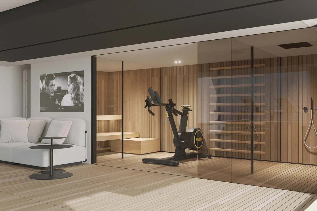 Beach area wellness space on the Ocean King DOGE 400 explorer yacht featuring a sauna, gym equipment, and spa-style relaxation zone.