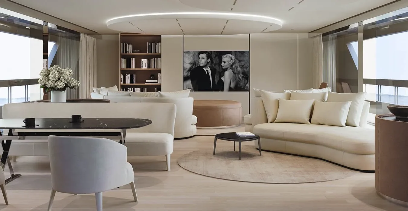 Elegant main salon interior aboard the Ocean King DOGE 400 explorer yacht with panoramic windows, curved seating, and refined décor.