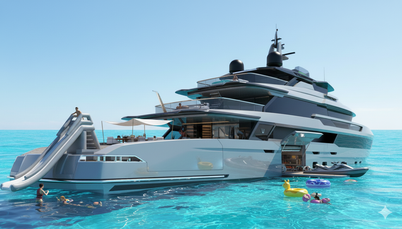 Ocean King DOGE 500 at anchor with open beach club, water slide, guests swimming, and water toys alongside