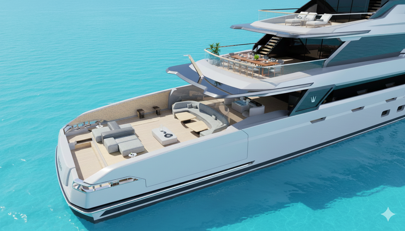 Ocean King DOGE 500 aft port-side terrace with open lounge seating, teak decking, and multi-level explorer yacht design