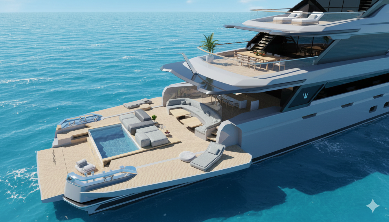 Ocean King DOGE 500 aft terrace with open lounge seating, integrated pool, and tiered outdoor decks at sea