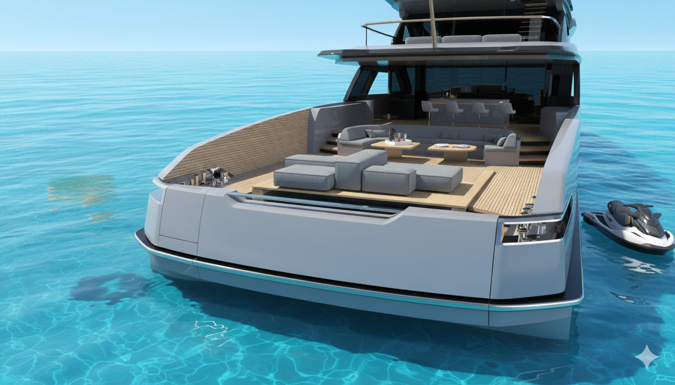 Ocean King DOGE 500 stern view with aft deck lounge seating, teak deck, and jet ski alongside