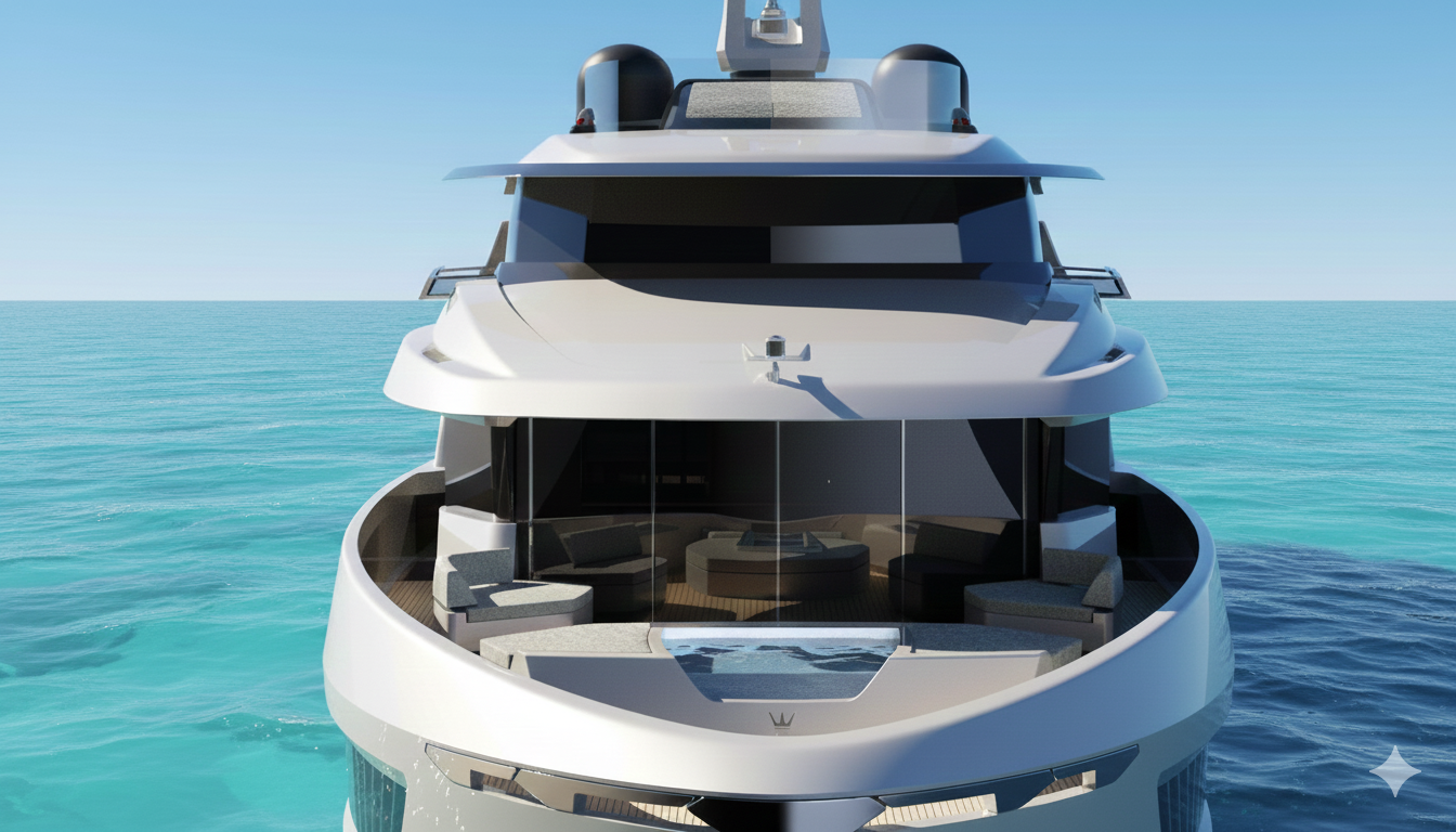 Ocean King DOGE 500 bow view with forward lounge, panoramic glazing, and robust explorer yacht design