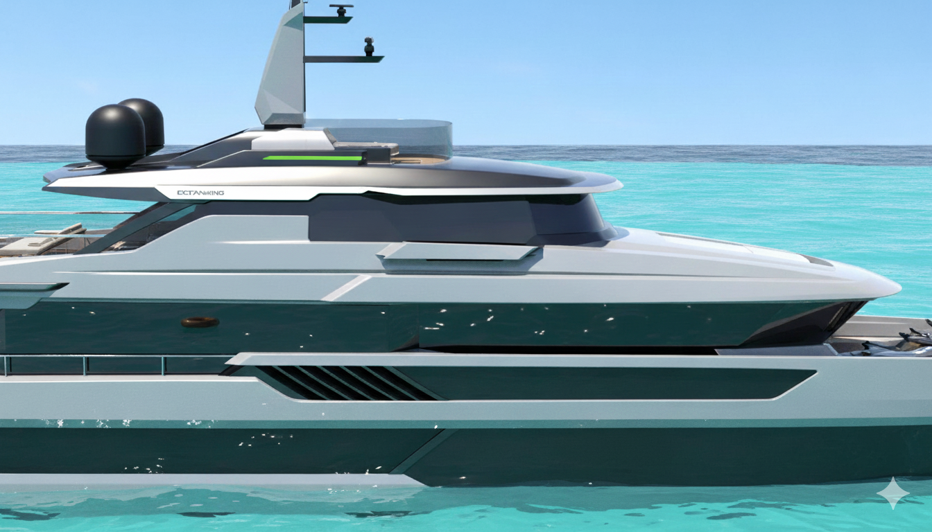 Ocean King DOGE 500 port-side midship view showing wheelhouse profile, hull glazing, and explorer yacht design