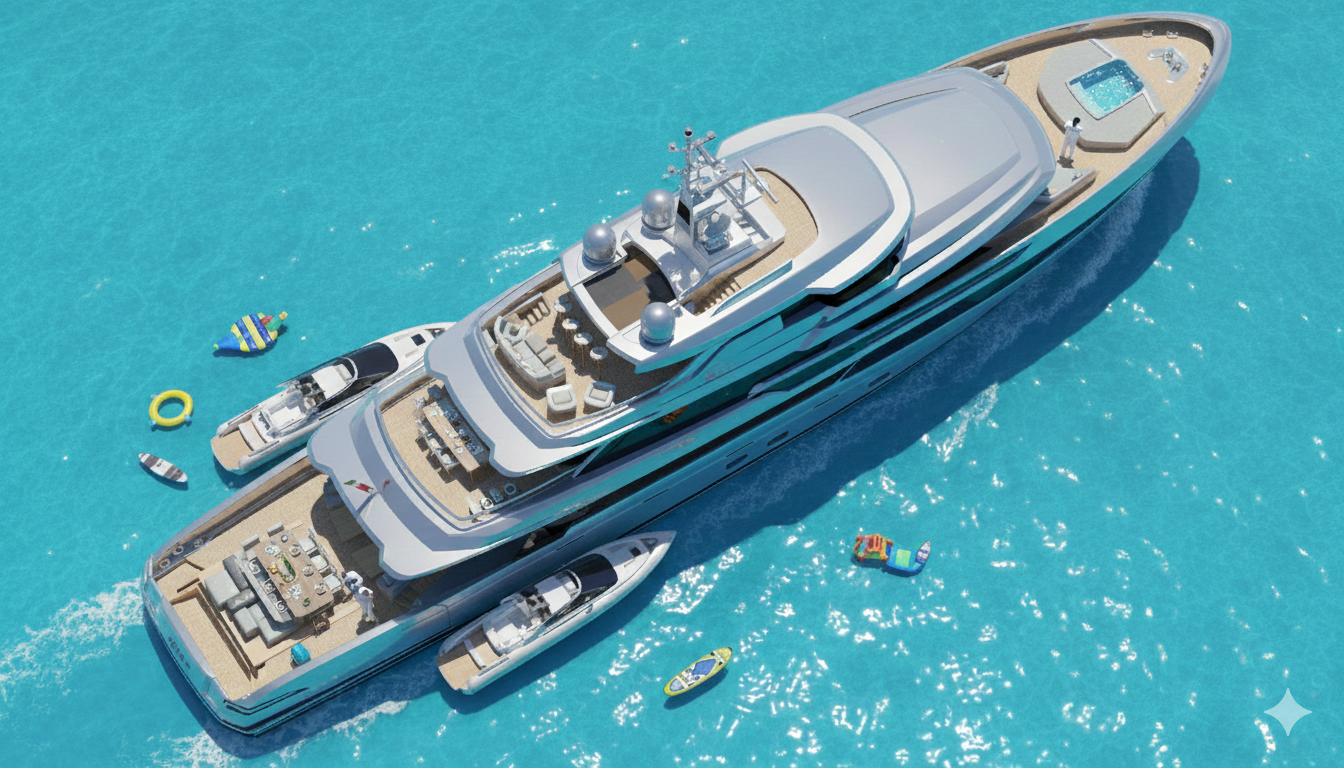 Ocean King DOGE 500 aerial view showing full deck layout, tenders, foredeck pool, and explorer yacht design