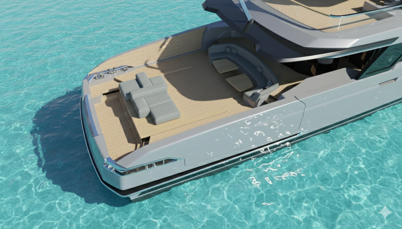 Ocean King DOGE 500 aft side deck with waterside lounge seating, teak decking, and explorer yacht hull
