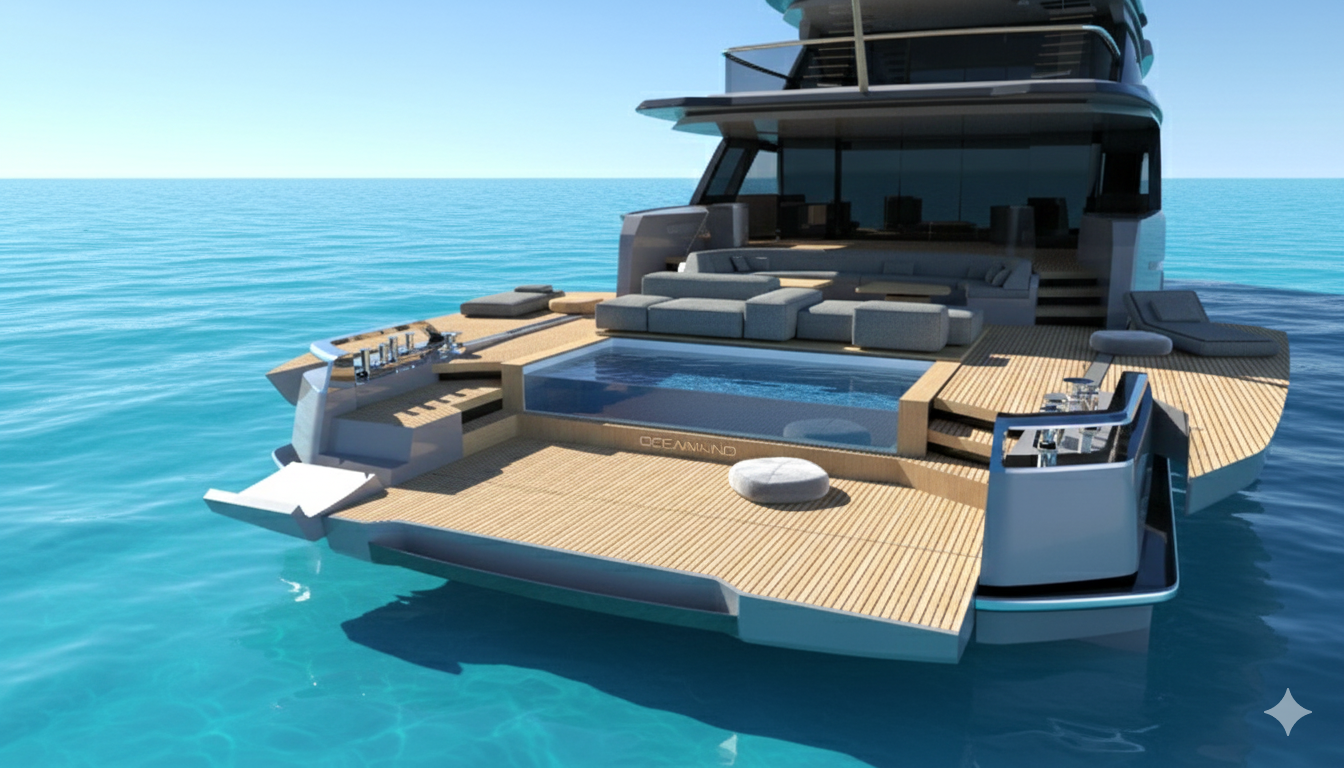 Ocean King DOGE 500 aft beach club with integrated pool, teak swim platform, and waterside lounge