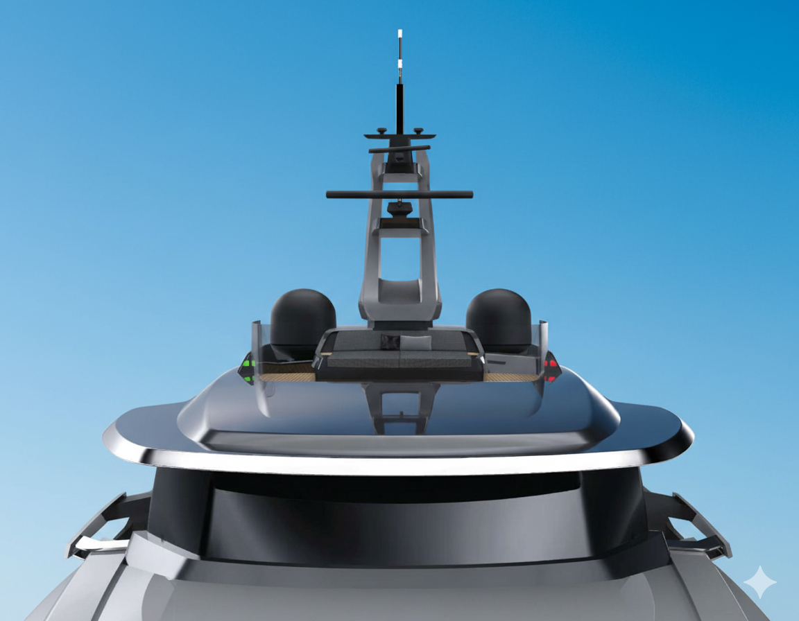 Ocean King DOGE 500 explorer yacht mast with radar domes and navigation equipment viewed from the bow