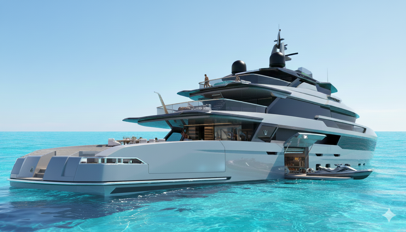 Ocean King DOGE 500 explorer yacht aft port-side view with open beach club, tender access, and tiered decks