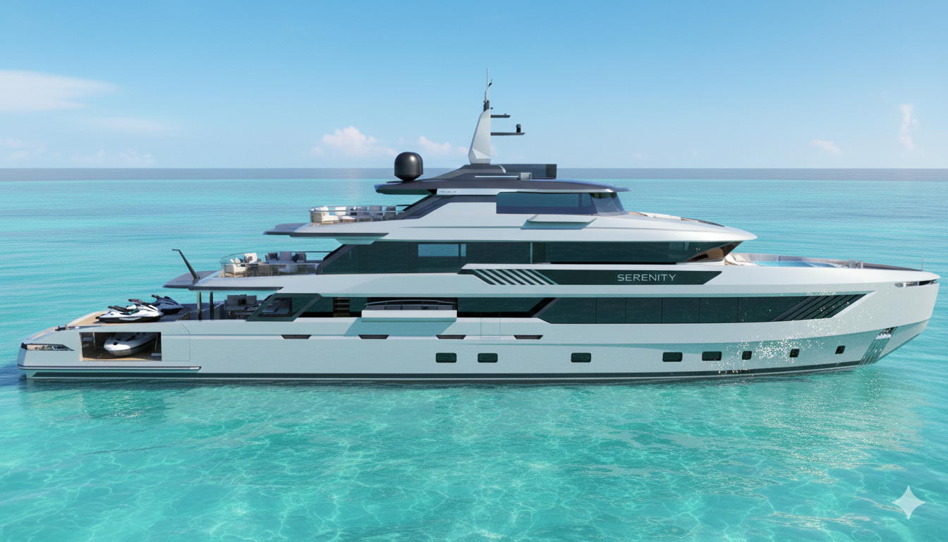 Ocean King DOGE 500 explorer yacht side profile underway showing long-range hull and multi-deck superstructure