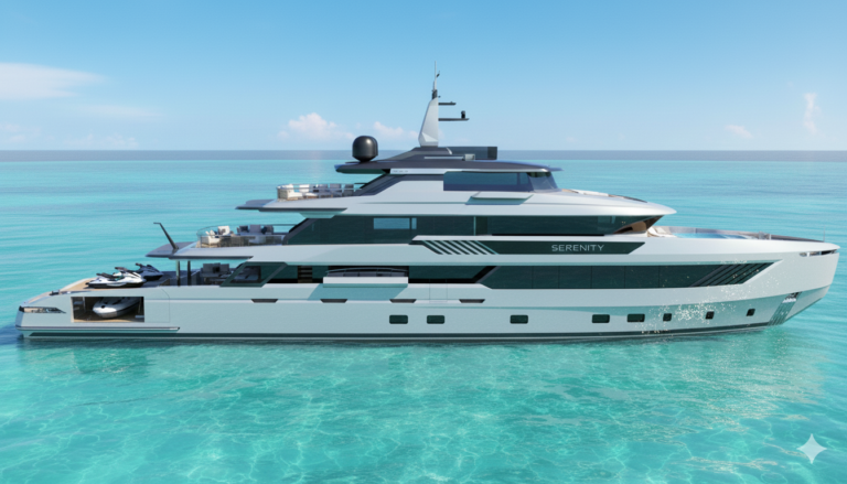 Ocean King DOGE 500 explorer yacht side profile underway showing long-range hull and multi-deck superstructure
