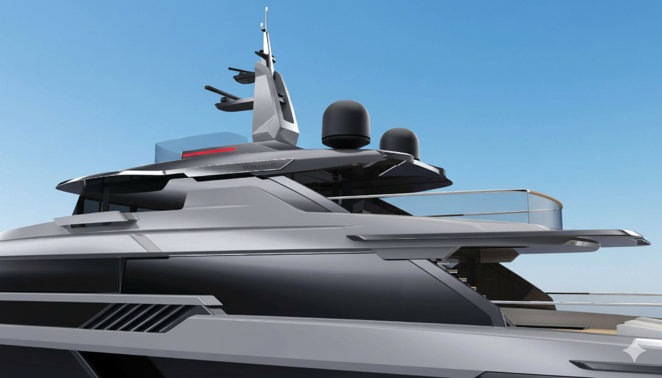 Ocean King DOGE 500 upper aft superstructure with radar domes, bridge overhang, and explorer yacht design