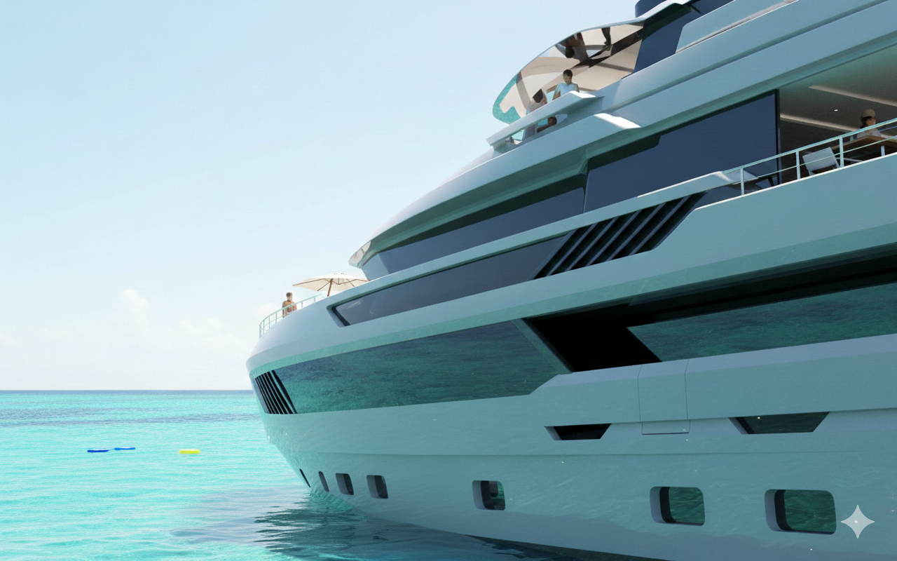 Ocean King DOGE 500 midship hull detail showing explorer-class lines, panoramic glazing, and robust construction