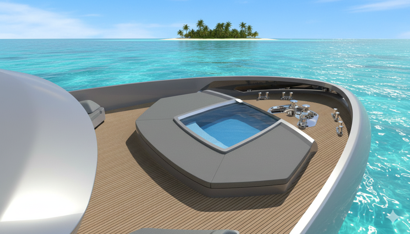 Ocean King DOGE 500 foredeck pool with teak decking, anchoring equipment, and open sea views
