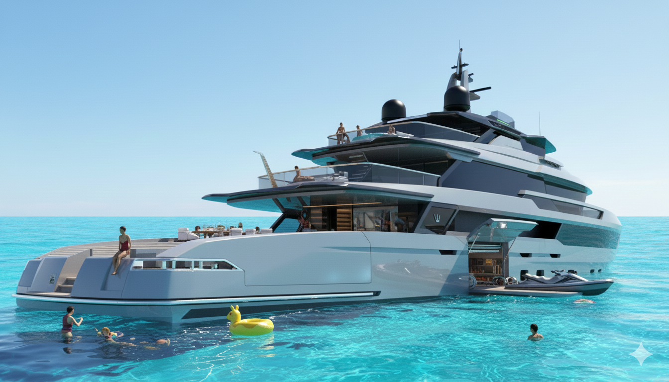 Ocean King DOGE 500 at anchor with guests enjoying the beach club, open decks, and waterside activities