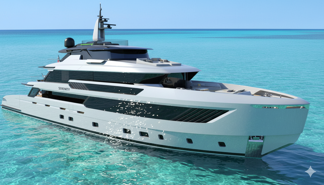Ocean King DOGE 500 explorer yacht port-side view underway showing long-range hull and modern superstructure