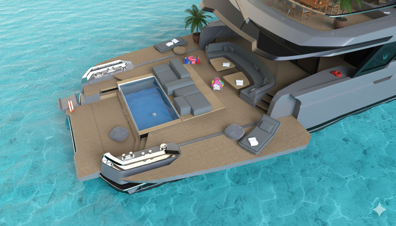 Ocean King DOGE 500 aft beach club with integrated pool, teak deck, tender storage, and waterside lounge