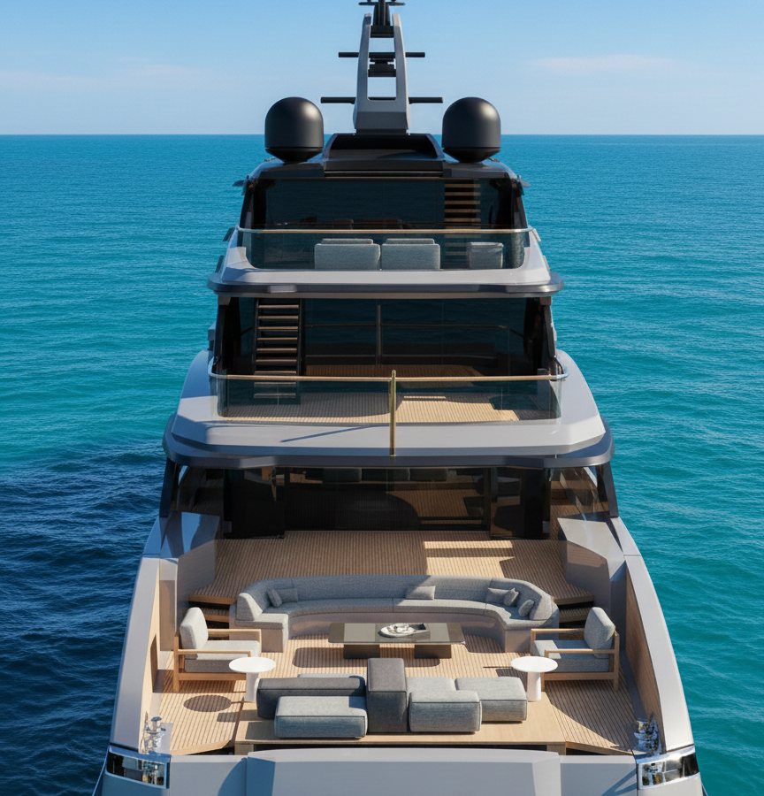 Ocean King DOGE 500 stern view showing tiered aft decks, outdoor lounges, and explorer-class yacht design