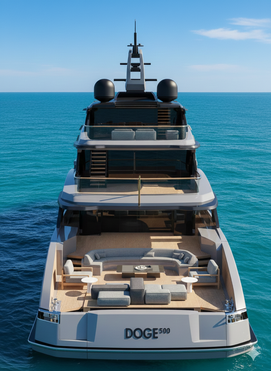 Ocean King DOGE 500 stern view showing tiered aft decks, outdoor lounges, and explorer-class yacht design