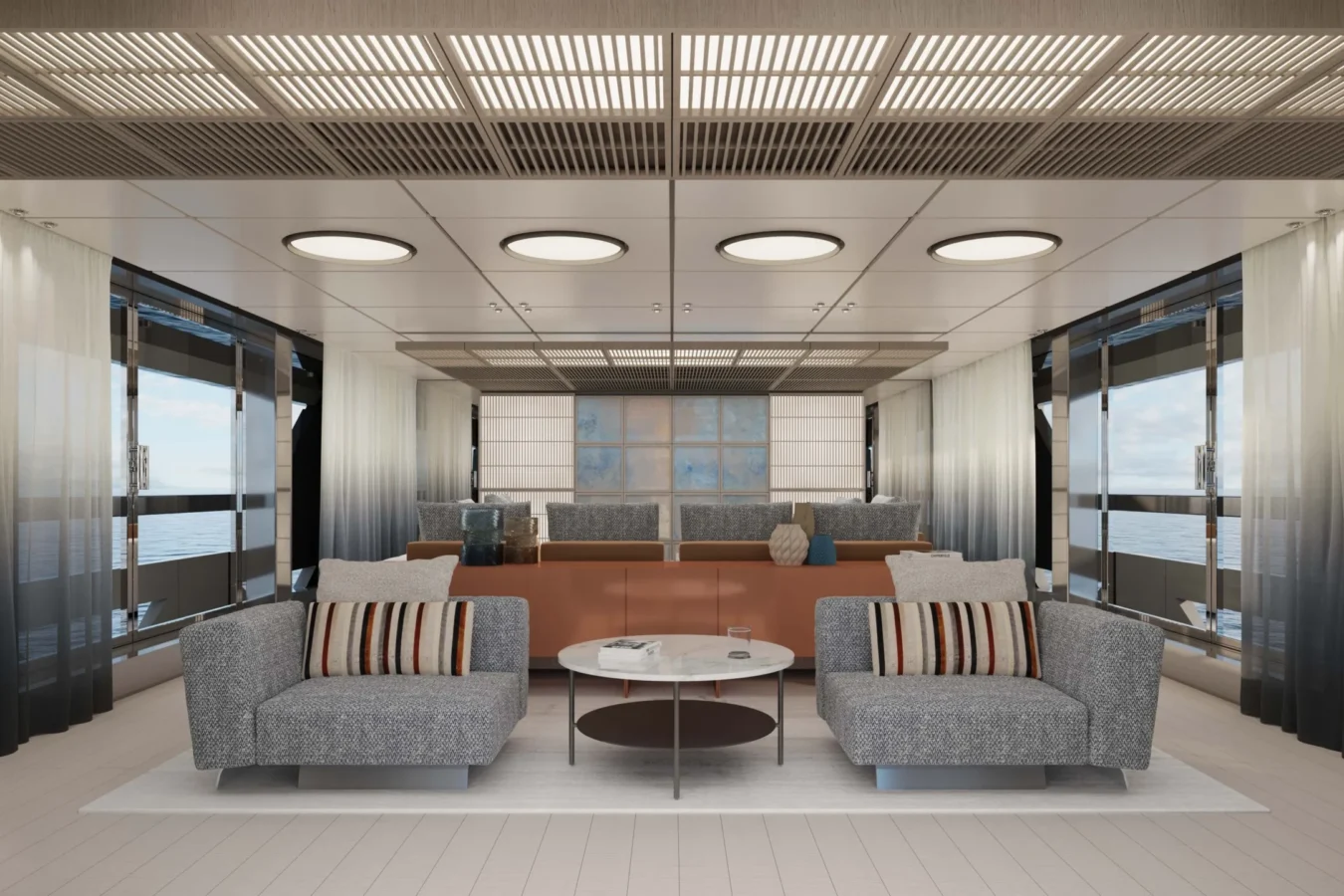 Main salon of the Ocean King DOGE 400 explorer yacht featuring contemporary seating, panoramic windows, and refined interior finishes.