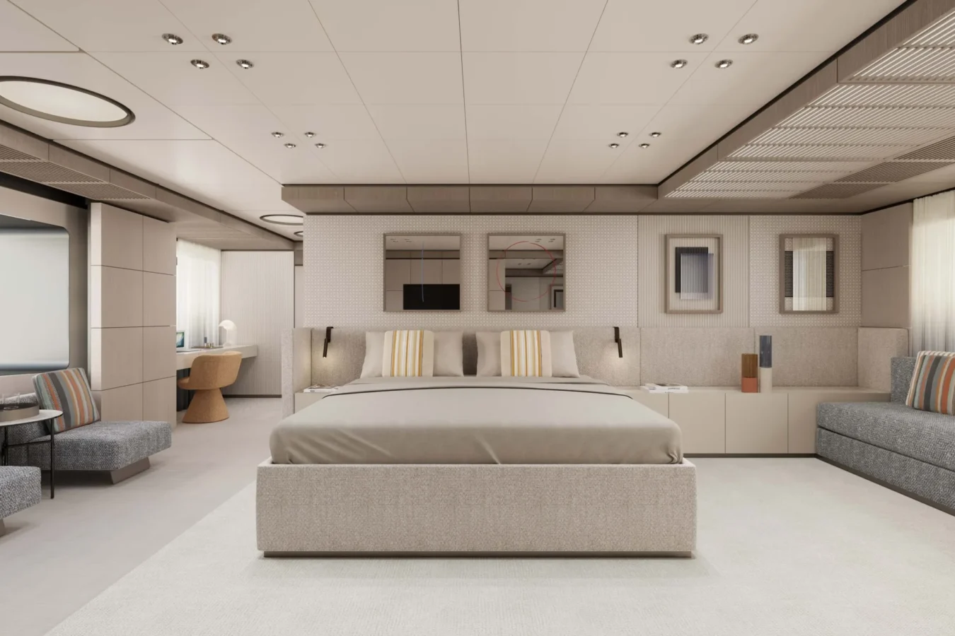 Owner’s cabin of the Ocean King DOGE 400 explorer yacht featuring a king-size bed, lounge seating, and refined finishes.