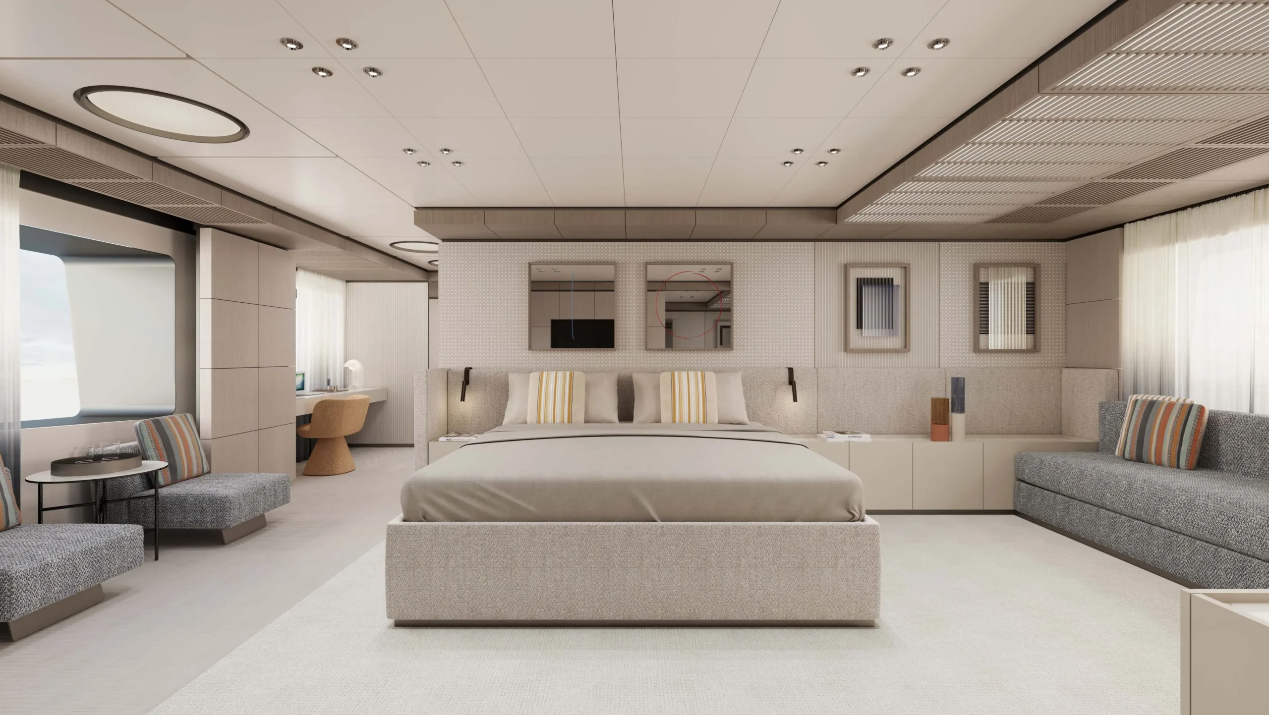 Owner’s cabin of the Ocean King DOGE 400 explorer yacht featuring a king-size bed, lounge seating, and refined finishes.