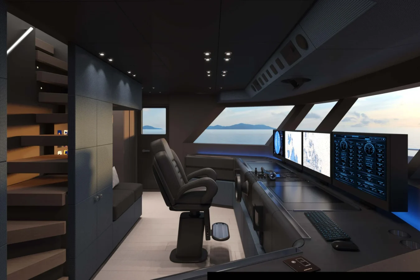 Wheelhouse of the Ocean King DOGE 400 explorer yacht, featuring the helm station, navigation screens, and panoramic forward views.