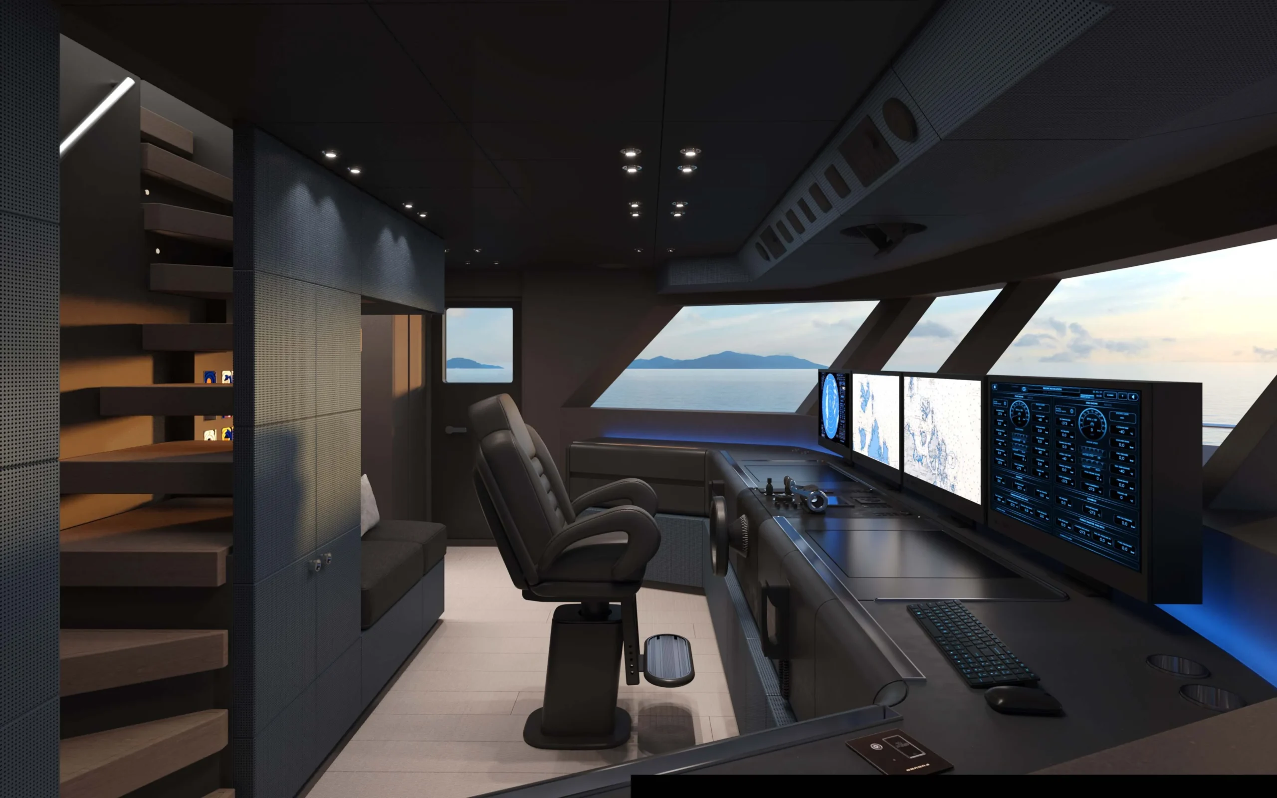 Wheelhouse of the Ocean King DOGE 400 explorer yacht, featuring the helm station, navigation screens, and panoramic forward views.
