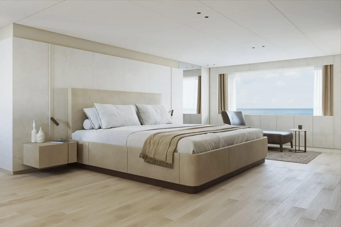 Spacious owner’s cabin aboard the Ocean King DOGE 400 explorer yacht featuring a king bed, sea-view window, and modern luxury design.