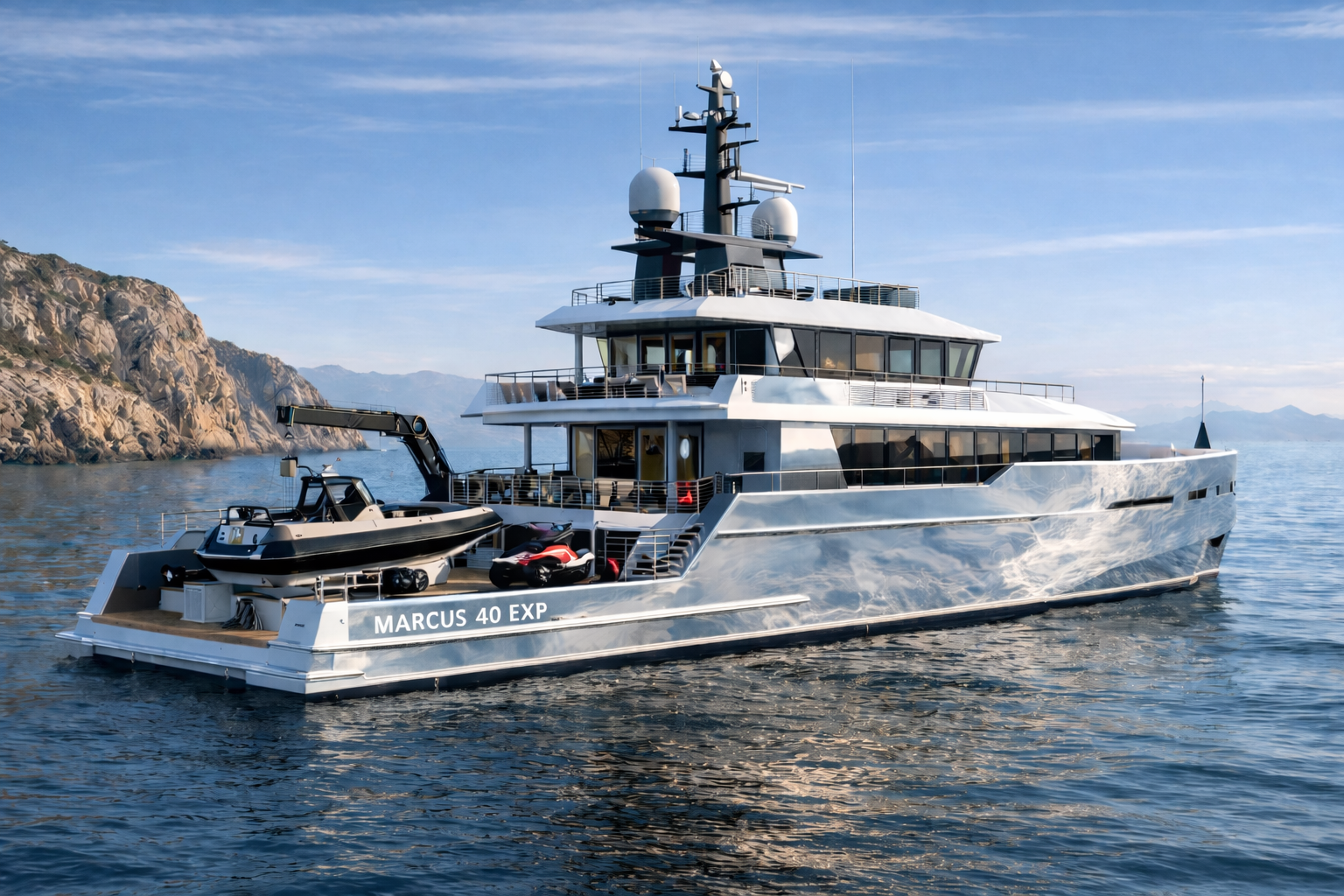Marcus 40 EXP explorer yacht underway at sunset
