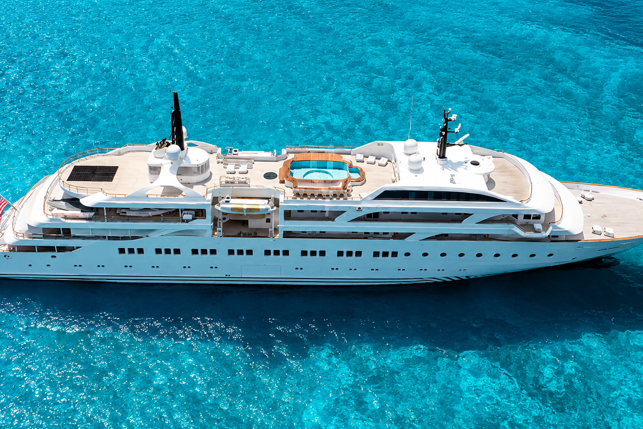 The Olympic Dream Yacht, a large white luxury vessel with a pool, sails on clear, bright blue water, viewed from above.