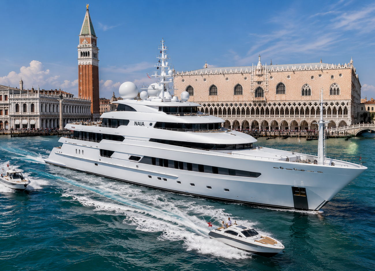 The Freire Naia Yacht for Charter sails past Venice’s Doge’s Palace and St. Mark’s Campanile, trailed by two small boats.